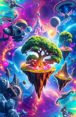 A vibrant multiverse concept depicting various parallel worlds bursting with color and diversity