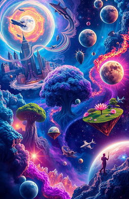 A vibrant multiverse concept depicting various parallel worlds bursting with color and diversity