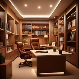 A simple, classy 15ft by 15ft boss office adhering to Vastu principles. It should contain a large desk, a comfortable chair, organized bookshelves, and soothing lighting.