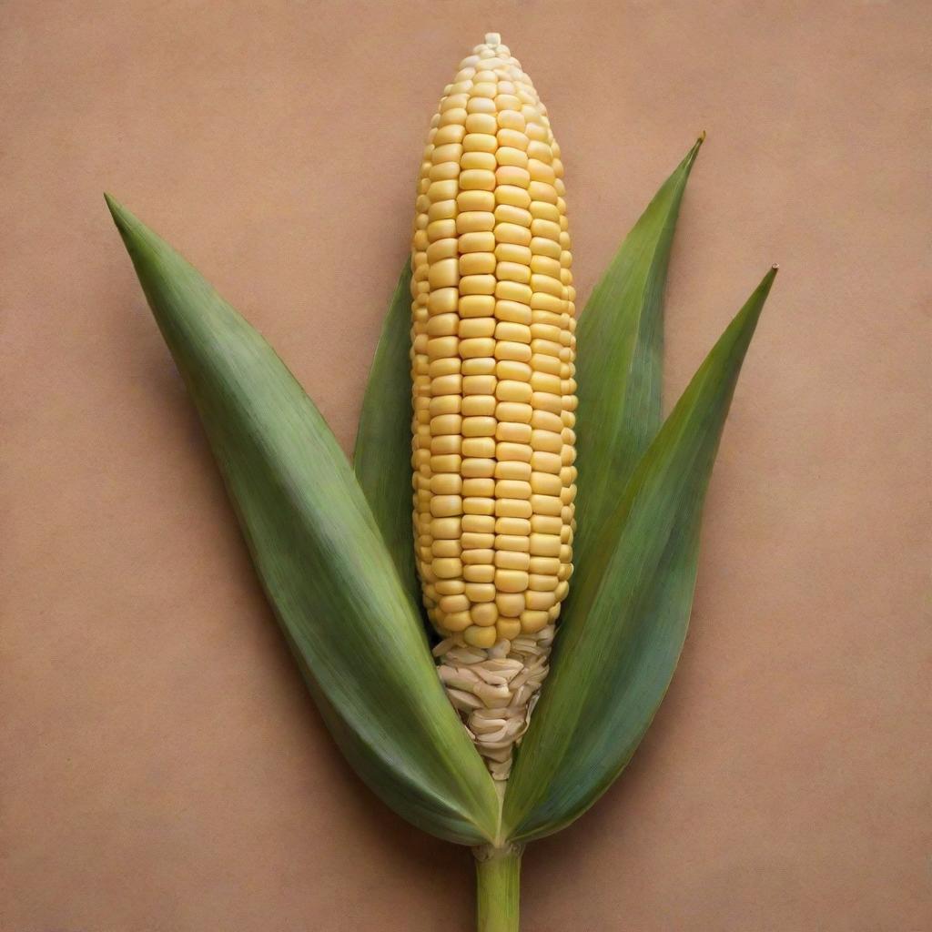 An ear of corn (elote) represented in the style of a detailed Mayan glyph.