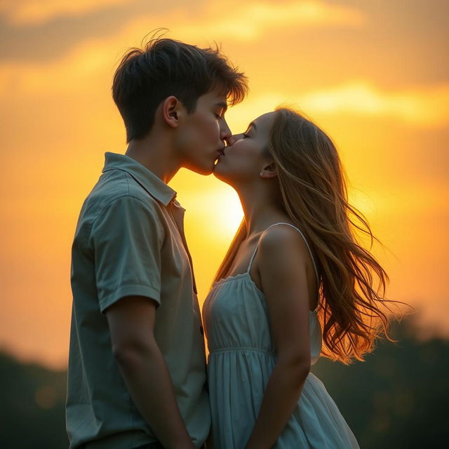 A romantic scene featuring a pretty girl and boy kissing, surrounded by a beautiful sunset background