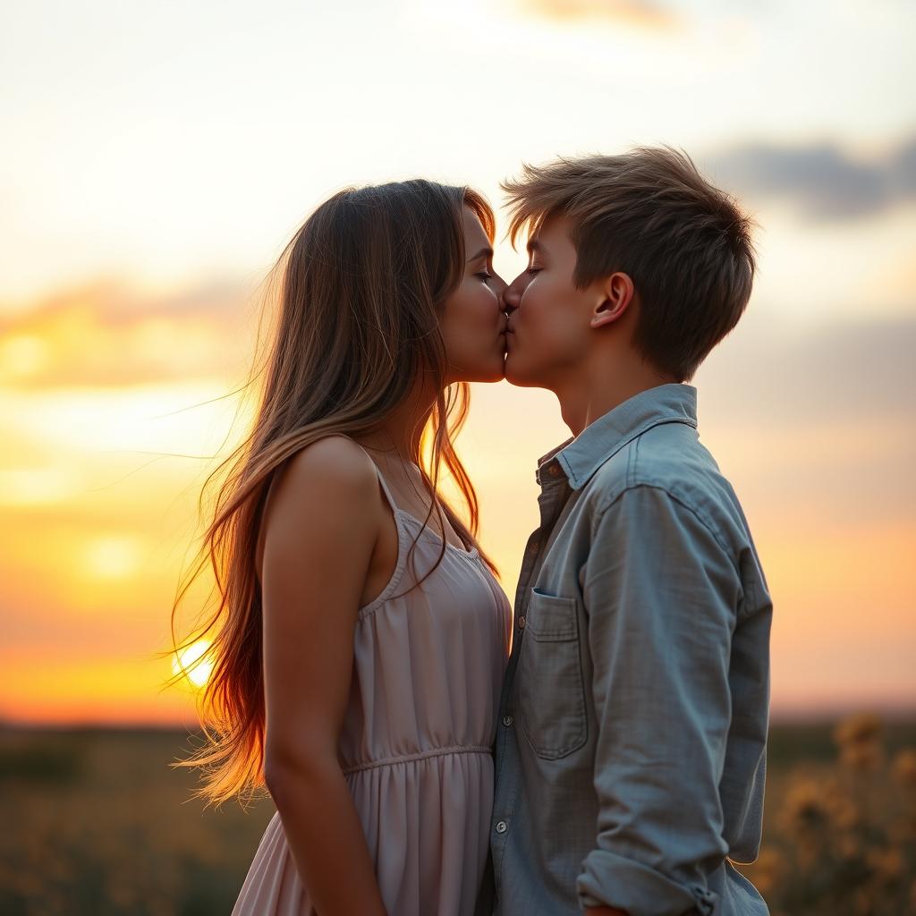 A romantic scene featuring a pretty girl and boy kissing, surrounded by a beautiful sunset background