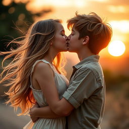 A romantic scene featuring a pretty girl and boy kissing, surrounded by a beautiful sunset background