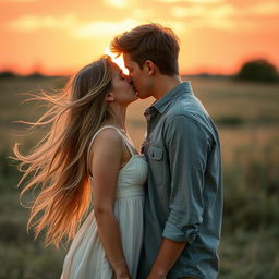 A romantic scene featuring a pretty girl and boy kissing, surrounded by a beautiful sunset background
