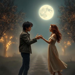 A poignant scene capturing the emotional moment of two lovers being pulled apart, standing on opposite sides of a misty, moonlit pathway
