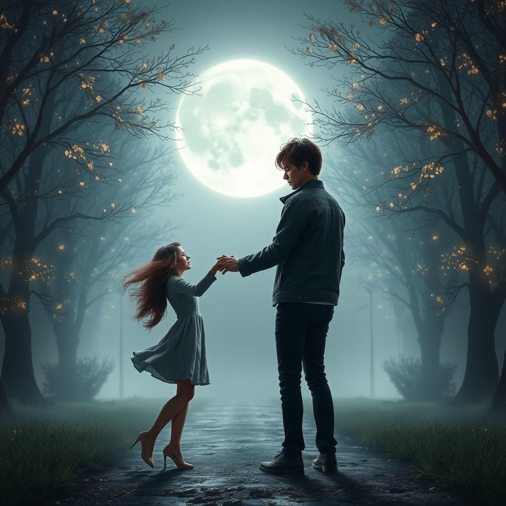 A poignant scene capturing the emotional moment of two lovers being pulled apart, standing on opposite sides of a misty, moonlit pathway