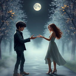A poignant scene capturing the emotional moment of two lovers being pulled apart, standing on opposite sides of a misty, moonlit pathway