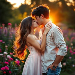 A romantic scene featuring a pretty girl and a handsome boy sharing a tender kiss
