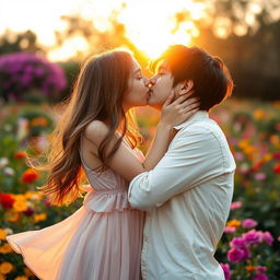 A romantic scene featuring a pretty girl and a handsome boy sharing a tender kiss