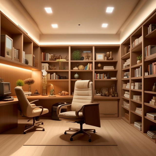 A simple, classy 15ft by 15ft boss office adhering to Vastu principles. It should contain a large desk, a comfortable chair, organized bookshelves, and soothing lighting.