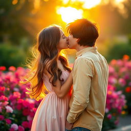 A romantic scene featuring a pretty girl and a handsome boy sharing a tender kiss