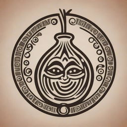 An onion represented in the style of a Mayan glyph.