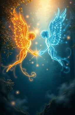 A captivating and dramatic artwork titled 'Zauber der Unmöglichkeit', depicting two ethereal souls being drawn apart in a mystical landscape