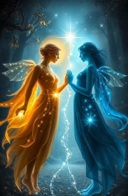 A captivating and dramatic artwork titled 'Zauber der Unmöglichkeit', depicting two ethereal souls being drawn apart in a mystical landscape