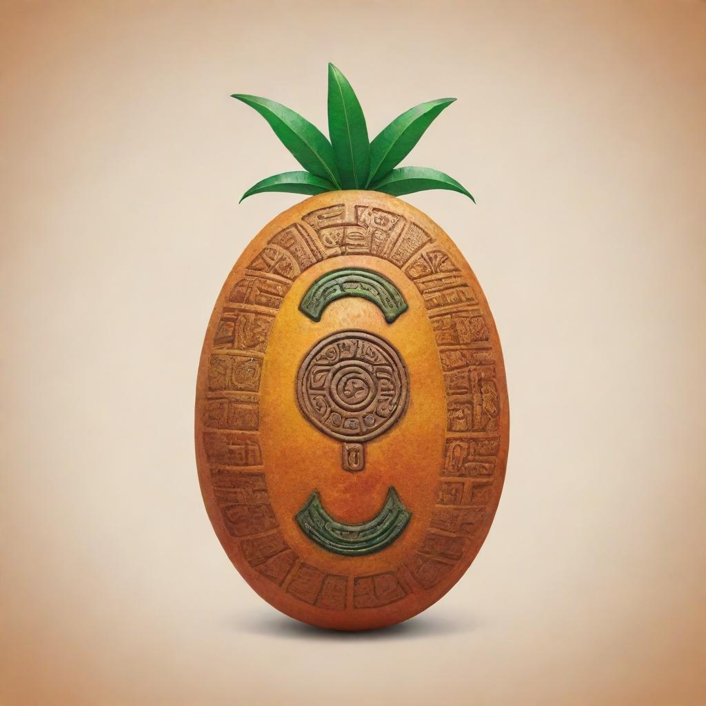 A mango represented in the style of a Mayan glyph.