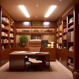 A simple, classy 15ft by 15ft boss office adhering to Vastu principles. It should contain a large desk, a comfortable chair, organized bookshelves, and soothing lighting.