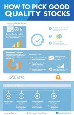 A detailed educational infographic on how to pick good quality stocks, featuring key strategies such as analyzing financial statements, understanding business models, assessing market position, evaluating management quality, and considering competitive advantages