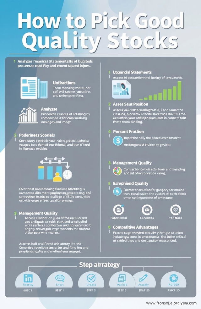 A detailed educational infographic on how to pick good quality stocks, featuring key strategies such as analyzing financial statements, understanding business models, assessing market position, evaluating management quality, and considering competitive advantages