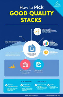 A detailed educational infographic on how to pick good quality stocks, featuring key strategies such as analyzing financial statements, understanding business models, assessing market position, evaluating management quality, and considering competitive advantages