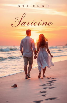 A stunning book cover featuring two lovers walking away from each other on a picturesque beach at sunset
