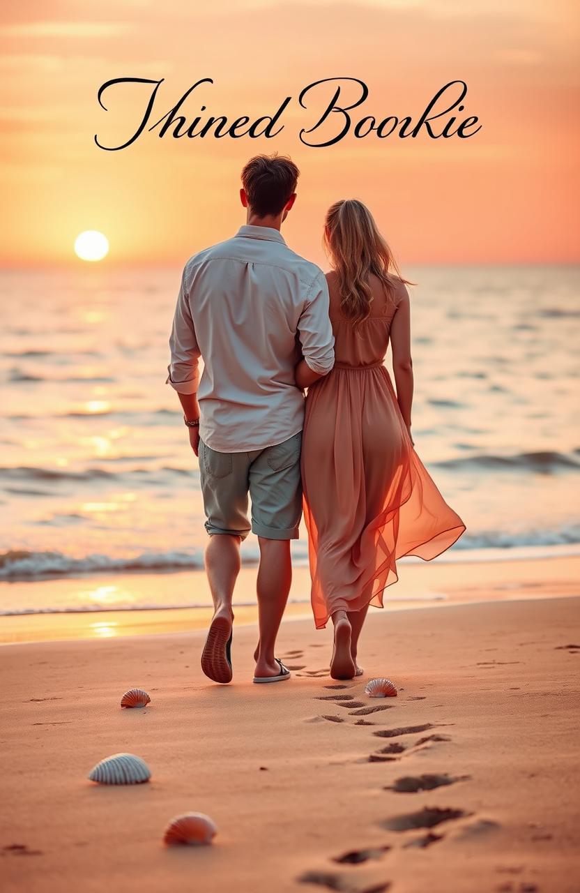 A stunning book cover featuring two lovers walking away from each other on a picturesque beach at sunset