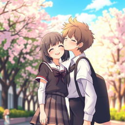 A charming and handsome boy with soft features and styled hair is leaning in to kiss a school girl in a romantic manner