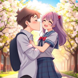 A charming and handsome boy with soft features and styled hair is leaning in to kiss a school girl in a romantic manner