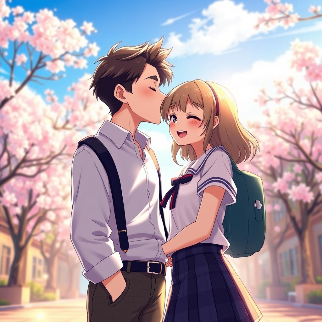 A charming and handsome boy with soft features and styled hair is leaning in to kiss a school girl in a romantic manner