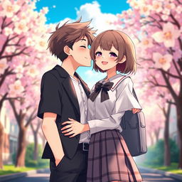A charming and handsome boy with soft features and styled hair is leaning in to kiss a school girl in a romantic manner
