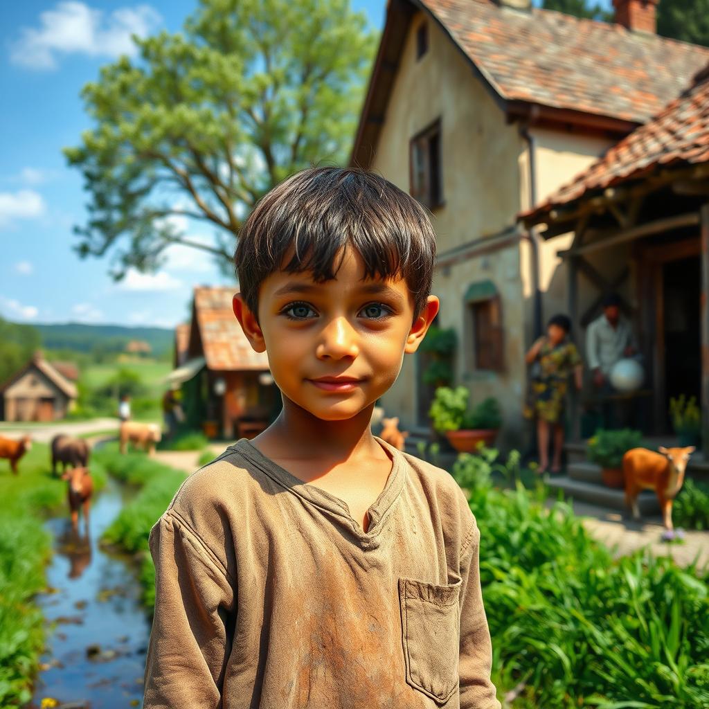 A young boy standing in a small, picturesque village with quaint houses and lush green surroundings