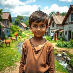 A young boy standing in a small, picturesque village with quaint houses and lush green surroundings