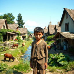 A young boy standing in a small, picturesque village with quaint houses and lush green surroundings