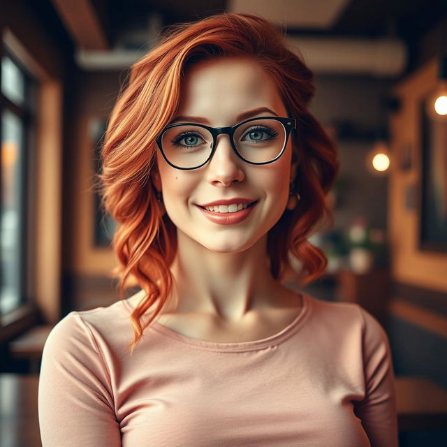 A captivating portrait of a redhead woman with striking features, showcasing her vibrant red hair styled in loose waves