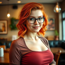 A captivating portrait of a redhead woman with striking features, showcasing her vibrant red hair styled in loose waves