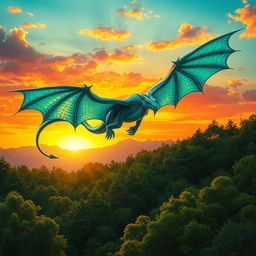 A majestic dragon soaring through a vibrant sunset sky, its scales shimmering in shades of emerald green and royal blue