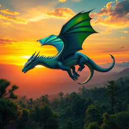 A majestic dragon soaring through a vibrant sunset sky, its scales shimmering in shades of emerald green and royal blue