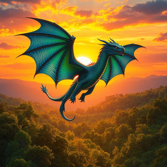 A majestic dragon soaring through a vibrant sunset sky, its scales shimmering in shades of emerald green and royal blue