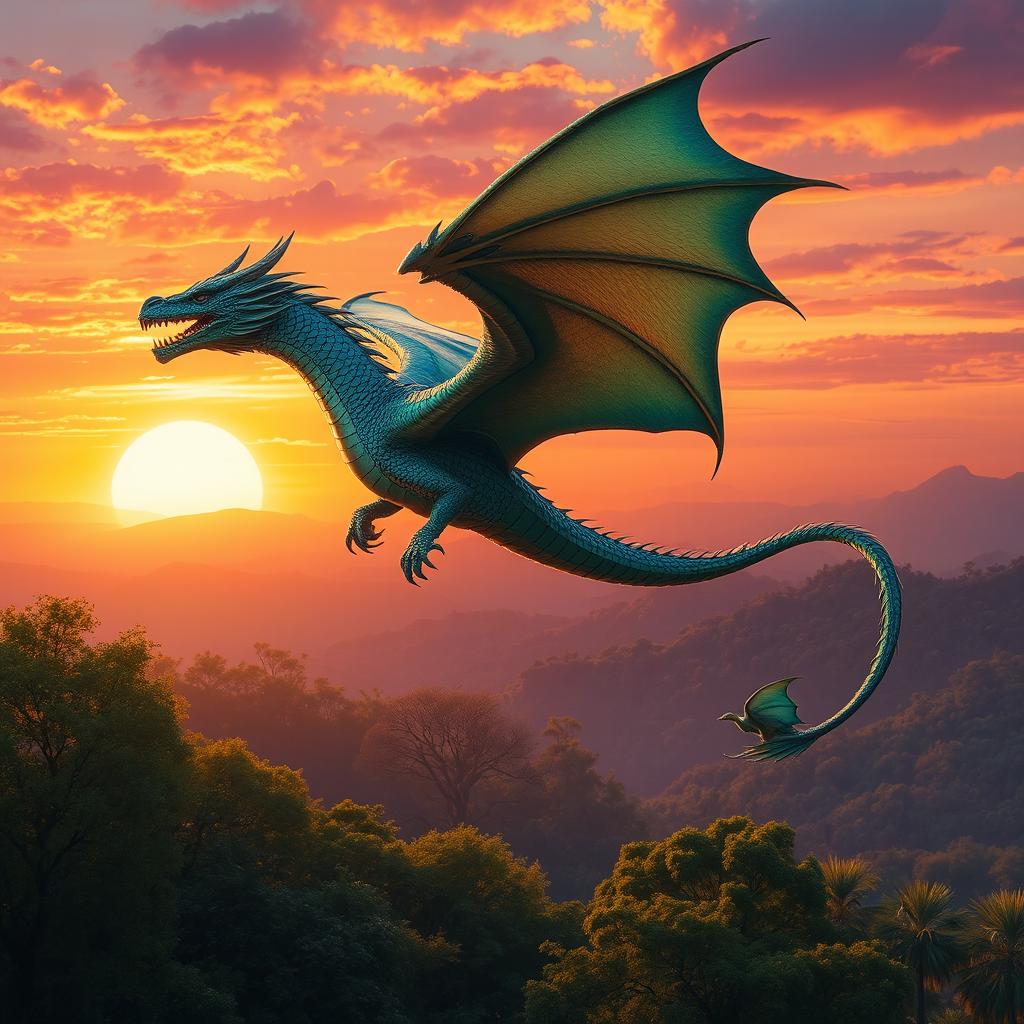 A majestic dragon soaring through a vibrant sunset sky, its scales shimmering in shades of emerald green and royal blue