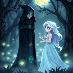 An enchanting scene depicting the meeting between Luna, a mystical character with silvery hair and radiant blue eyes, dressed in a flowing, sparkling gown, and the Dark Witch, an imposing figure clad in a long, shadowy cloak, with piercing green eyes and intricate, arcane symbols illuminating her attire