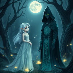 An enchanting scene depicting the meeting between Luna, a mystical character with silvery hair and radiant blue eyes, dressed in a flowing, sparkling gown, and the Dark Witch, an imposing figure clad in a long, shadowy cloak, with piercing green eyes and intricate, arcane symbols illuminating her attire