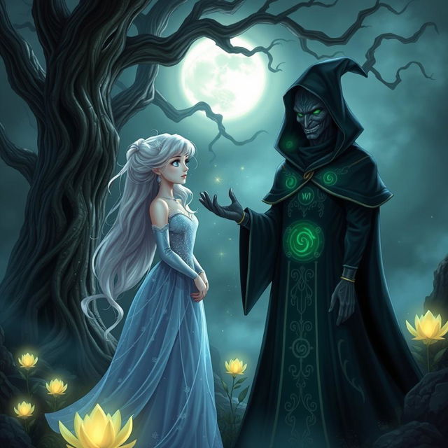 An enchanting scene depicting the meeting between Luna, a mystical character with silvery hair and radiant blue eyes, dressed in a flowing, sparkling gown, and the Dark Witch, an imposing figure clad in a long, shadowy cloak, with piercing green eyes and intricate, arcane symbols illuminating her attire