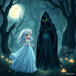 An enchanting scene depicting the meeting between Luna, a mystical character with silvery hair and radiant blue eyes, dressed in a flowing, sparkling gown, and the Dark Witch, an imposing figure clad in a long, shadowy cloak, with piercing green eyes and intricate, arcane symbols illuminating her attire