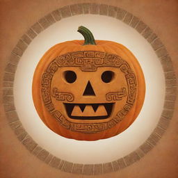 A pumpkin represented in the style of a Mayan glyph.