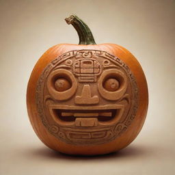 A pumpkin represented in the style of a Mayan glyph.