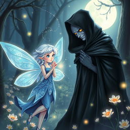 A captivating illustration of the encounter between Luna, a delicate fairy with shimmering wings, iridescent blue attire, and glowing silver hair, and the Dark Witch, a formidable figure wearing a flowing black robe adorned with mystical symbols and a deep hood
