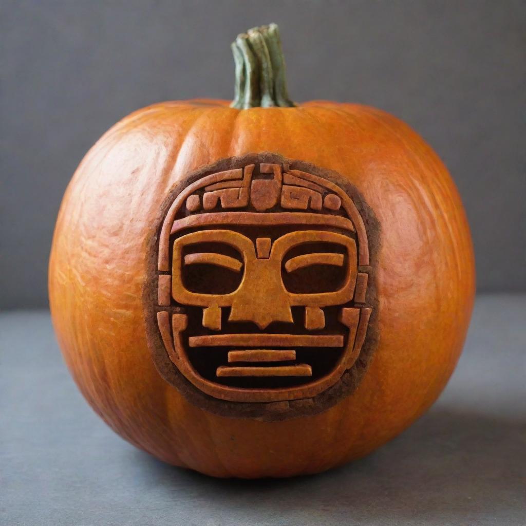 A pumpkin represented in the style of a Mayan glyph.