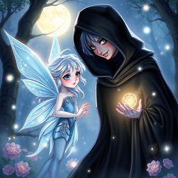 A captivating illustration of the encounter between Luna, a delicate fairy with shimmering wings, iridescent blue attire, and glowing silver hair, and the Dark Witch, a formidable figure wearing a flowing black robe adorned with mystical symbols and a deep hood