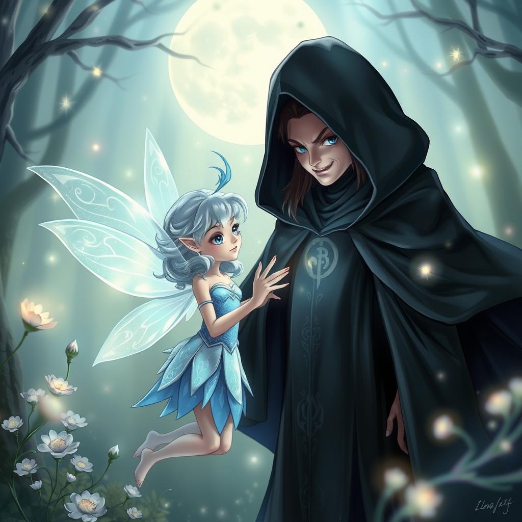 A captivating illustration of the encounter between Luna, a delicate fairy with shimmering wings, iridescent blue attire, and glowing silver hair, and the Dark Witch, a formidable figure wearing a flowing black robe adorned with mystical symbols and a deep hood