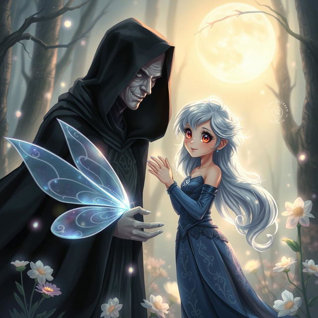 A captivating illustration of the encounter between Luna, a delicate fairy with shimmering wings, iridescent blue attire, and glowing silver hair, and the Dark Witch, a formidable figure wearing a flowing black robe adorned with mystical symbols and a deep hood