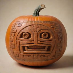 A pumpkin represented in the style of a Mayan glyph.